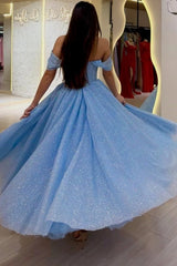 Off-Shoulder Ruched Glitter Tulle A-Line Tea Length Prom Dress Detachable Cape Baby Blue