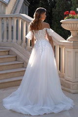Off-Shoulder Straight Neckline Flutter Ruffle Sleeves Illusion Visible Boning Lace-Up Corset 3D Butterfly Leaf Appliqué A-Line Wedding Dress Chapel Train