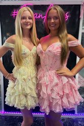 Off Shoulder Sweetheart Floral Corset Homecoming Dress Tiered Ruffle Chiffon Mini