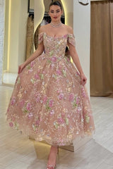 Off-Shoulder Sweetheart Floral Embroidered Sequin Tulle A-Line Tea Length Dress Detachable Cape