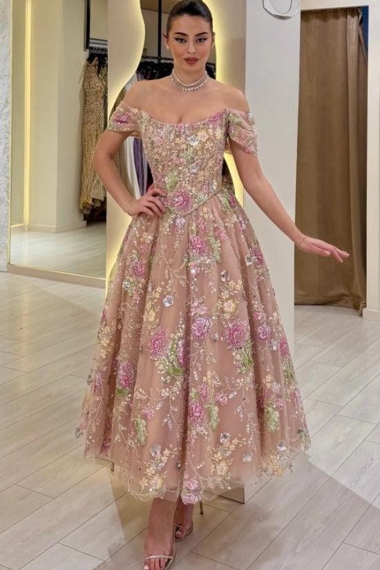 Off-Shoulder Sweetheart Floral Embroidered Sequin Tulle A-Line Tea Length Dress Detachable Cape