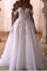 Off-Shoulder Sweetheart Illusion Visible Boning Corset Radiating Pearl Cascade 3D Lace Floral Appliqué Sparkle Tulle Ball Gown Wedding Dress Cathedral Train