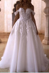Off-Shoulder Sweetheart Illusion Visible Boning Corset Radiating Pearl Cascade 3D Lace Floral Appliqué Sparkle Tulle Ball Gown Wedding Dress Cathedral Train