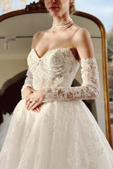 Off-Shoulder Sweetheart Illusion Visible Boning Lace-Up Corset Pearl Chain Cascade Bust 3D Lace Floral Appliqué Long Sleeve Ball Gown Wedding Dress Cathedral Train