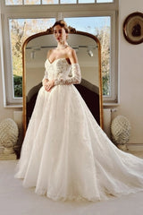 Off-Shoulder Sweetheart Illusion Visible Boning Lace-Up Corset Pearl Chain Cascade Bust 3D Lace Floral Appliqué Long Sleeve Ball Gown Wedding Dress Cathedral Train