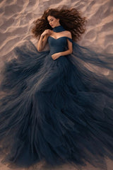 Off-Shoulder Sweetheart Multi-Tier Horizontal Ruched Tulle A-Line Dress Single Halter Neck Scarf Ribbon Sweep Train Prom Evening Dress