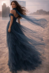 Off-Shoulder Sweetheart Multi-Tier Horizontal Ruched Tulle A-Line Dress Single Halter Neck Scarf Ribbon Sweep Train Prom Evening Dress