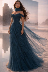 Off-Shoulder Sweetheart Multi-Tier Horizontal Ruched Tulle A-Line Dress Single Halter Neck Scarf Ribbon Sweep Train Prom Evening Dress