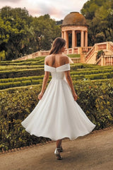 Off-Shoulder Sweetheart Ruched Minimalist A-Line Tea Length Wedding Dress Simple Bridal Gown