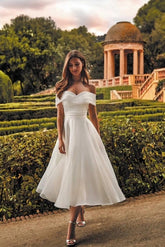 Off-Shoulder Sweetheart Ruched Minimalist A-Line Tea Length Wedding Dress Simple Bridal Gown