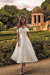 Off-Shoulder Sweetheart Ruched Minimalist A-Line Tea Length Wedding Dress Simple Bridal Gown