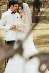 Off-Shoulder Sweetheart Sheer Boned Corset Glitter Tulle A-Line Ball Gown Wedding Dress Cathedral Train