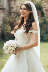 Off-Shoulder Sweetheart Sheer Boned Corset Glitter Tulle A-Line Ball Gown Wedding Dress Cathedral Train