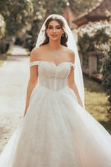 Off-Shoulder Sweetheart Sheer Boned Corset Glitter Tulle A-Line Ball Gown Wedding Dress Cathedral Train