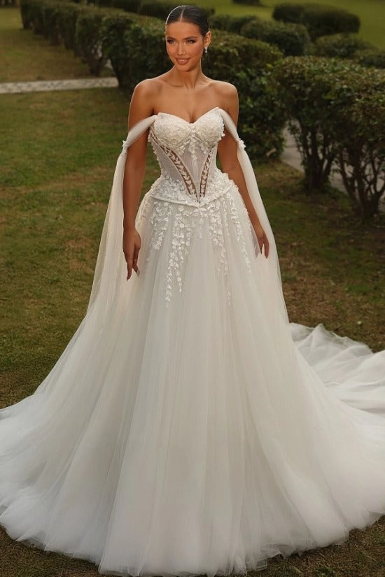Off-Shoulder Tulle Streamer Sleeves Sweetheart 3D Floral Crystal Illusion Boned Corset Peplum Tulle Ball Gown Wedding Dress Cathedral Train