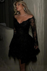 Off Shoulder, V-Neck Long Sleeve Glitter Lace Corset Tiered Tulle A-Line Mini Party Dress