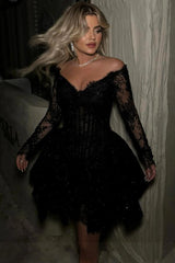 Off Shoulder, V-Neck Long Sleeve Glitter Lace Corset Tiered Tulle A-Line Mini Party Dress
