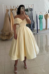 Off Shoulder V-Neck Sleeveless Ruched Satin Corset A-Line Tea Length Cocktail Dress