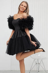 Off The Shoulder Sleeveless Glitter Ruffled Tulle Corset A-Line Mini Party Dress