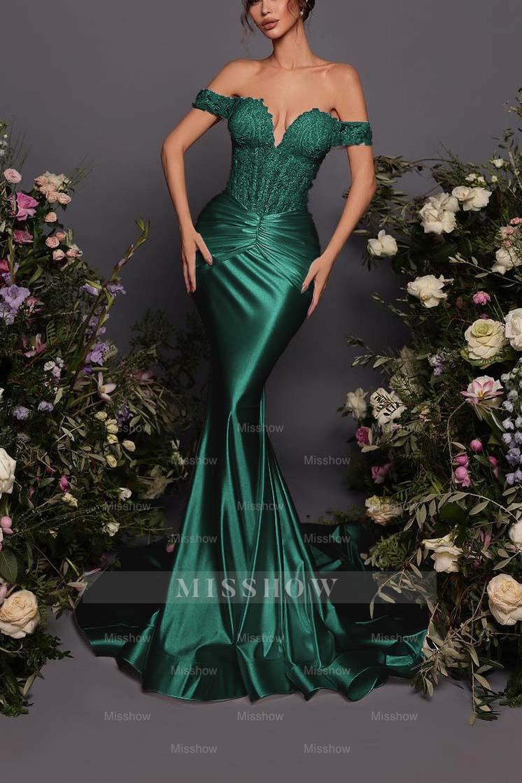 Off The Shoulder Sleeveless Long Mermaid Formal Dress With Pleated