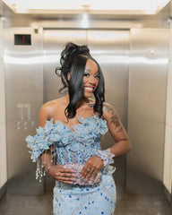 Off-the-Shoulder 3D Floral Rhinestone Mermaid Prom Dress with Train