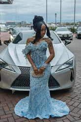 Off-the-Shoulder 3D Floral Rhinestone Mermaid Prom Dress with Train