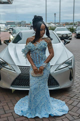 Off-the-Shoulder 3D Floral Rhinestone Mermaid Prom Dress with Train