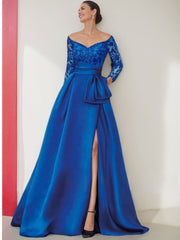 Off-the-Shoulder A-Line Floor-Length Mother of the Bride Dress with 3/4 Sleeves and Side Split