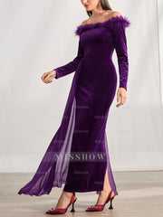Off-the-Shoulder Asymmetrical Long Sleeve Sheath/Column Dress with Feather for Mother of the Bride & Groom