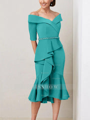 Off-the-Shoulder Beaded and Ruffled Mother of the Bride Sheath Dress with Half Sleeves
