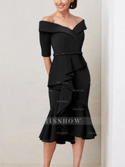 Off-the-Shoulder Beaded and Ruffled Mother of the Bride Sheath Dress with Half Sleeves