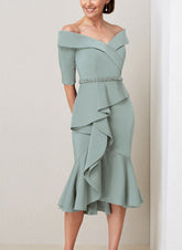 Off-the-Shoulder Beaded and Ruffled Mother of the Bride Sheath Dress with Half Sleeves