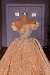 Off-the-Shoulder Crystal Rhinestone Sequin Encrusted Ball Gown Champagne Gold Princess Wedding Dress Cathedral Train