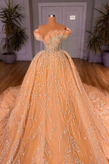 Off-the-Shoulder Crystal Rhinestone Sequin Encrusted Ball Gown Champagne Gold Princess Wedding Dress Cathedral Train