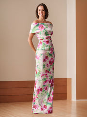Off-the-Shoulder Floor-Length Floral Printed Sheath/Column Mother of the Bride Dresses with Ruches