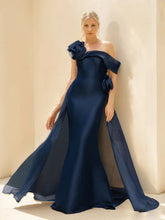 Off-the-Shoulder Floor-Length Mother of the Bride & Groom Dress with Long Sleeves Flower and Overskirt