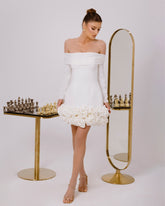 Off-the-Shoulder Long Sleeve 3D Floral Applique Ruffled Satin A-Line Mini Party Dress