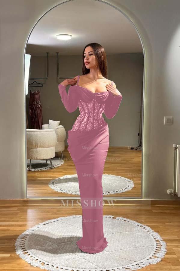 Off the Shoulder Long Sleeves Long Formal Dress With Sequins Pleated