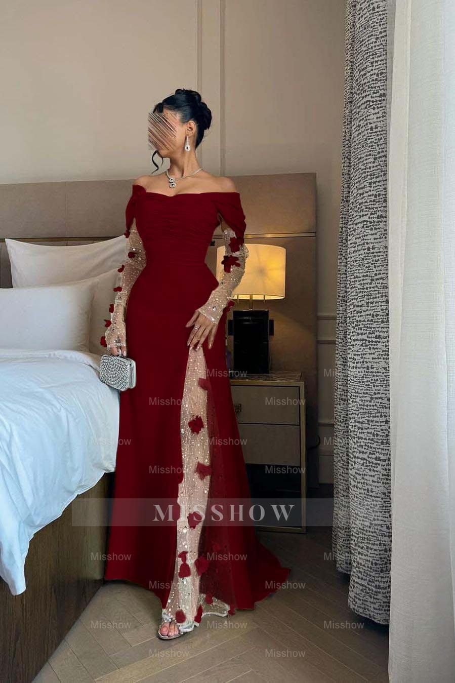 Off the Shoulder Long Sleeves Long Formal Dress With Split Appliques