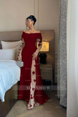 Off the Shoulder Long Sleeves Long Formal Dress With Split Appliques
