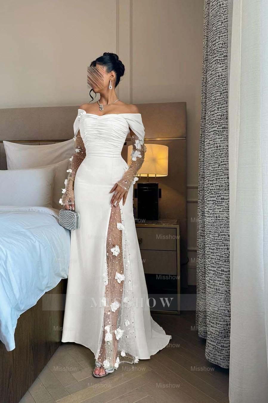 Off the Shoulder Long Sleeves Long Formal Dress With Split Appliques