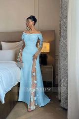 Off the Shoulder Long Sleeves Long Formal Dress With Split Appliques