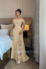 Off the Shoulder Long Sleeves Long Formal Dress With Split Appliques