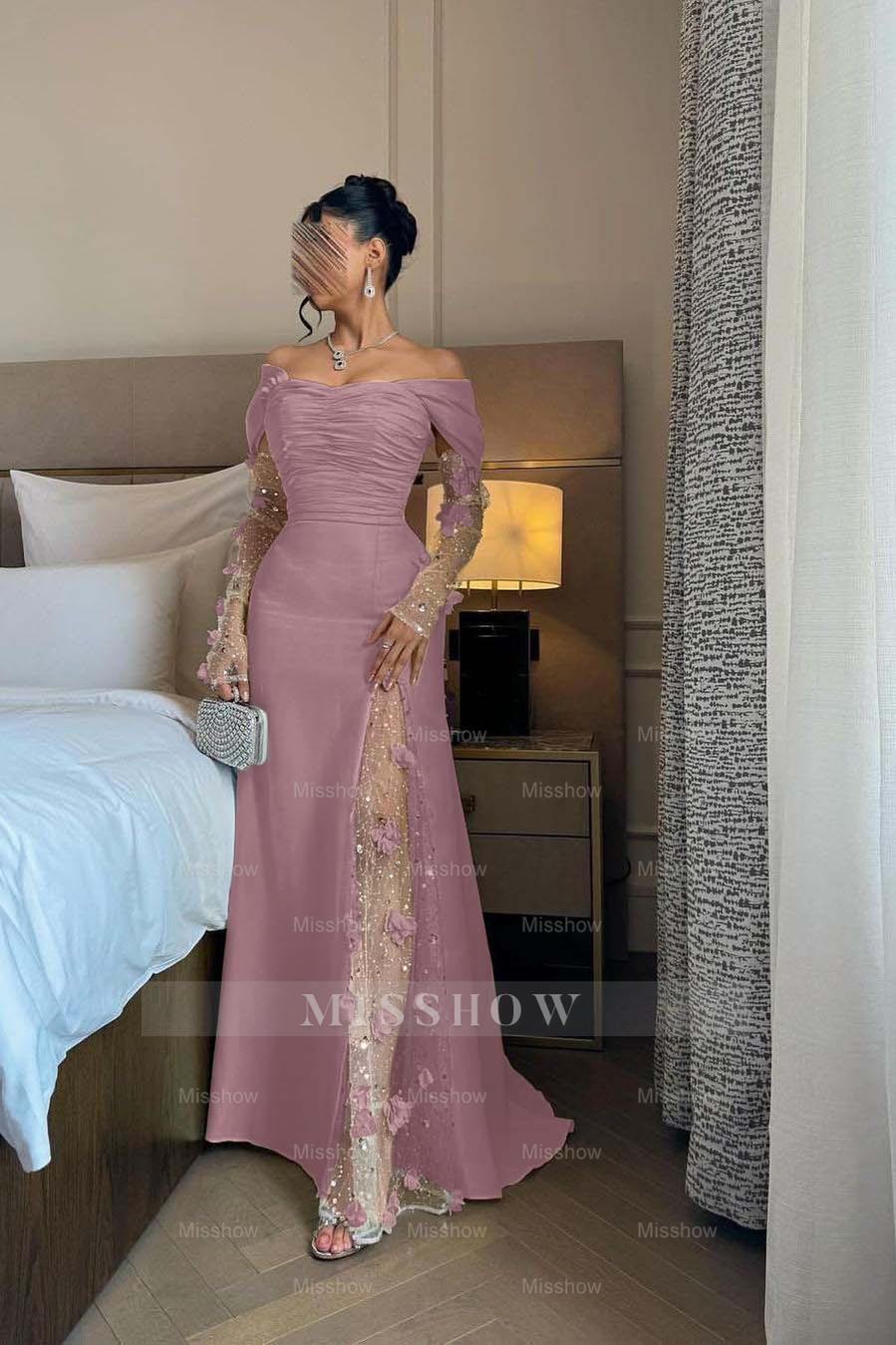 Off the Shoulder Long Sleeves Long Formal Dress With Split Appliques