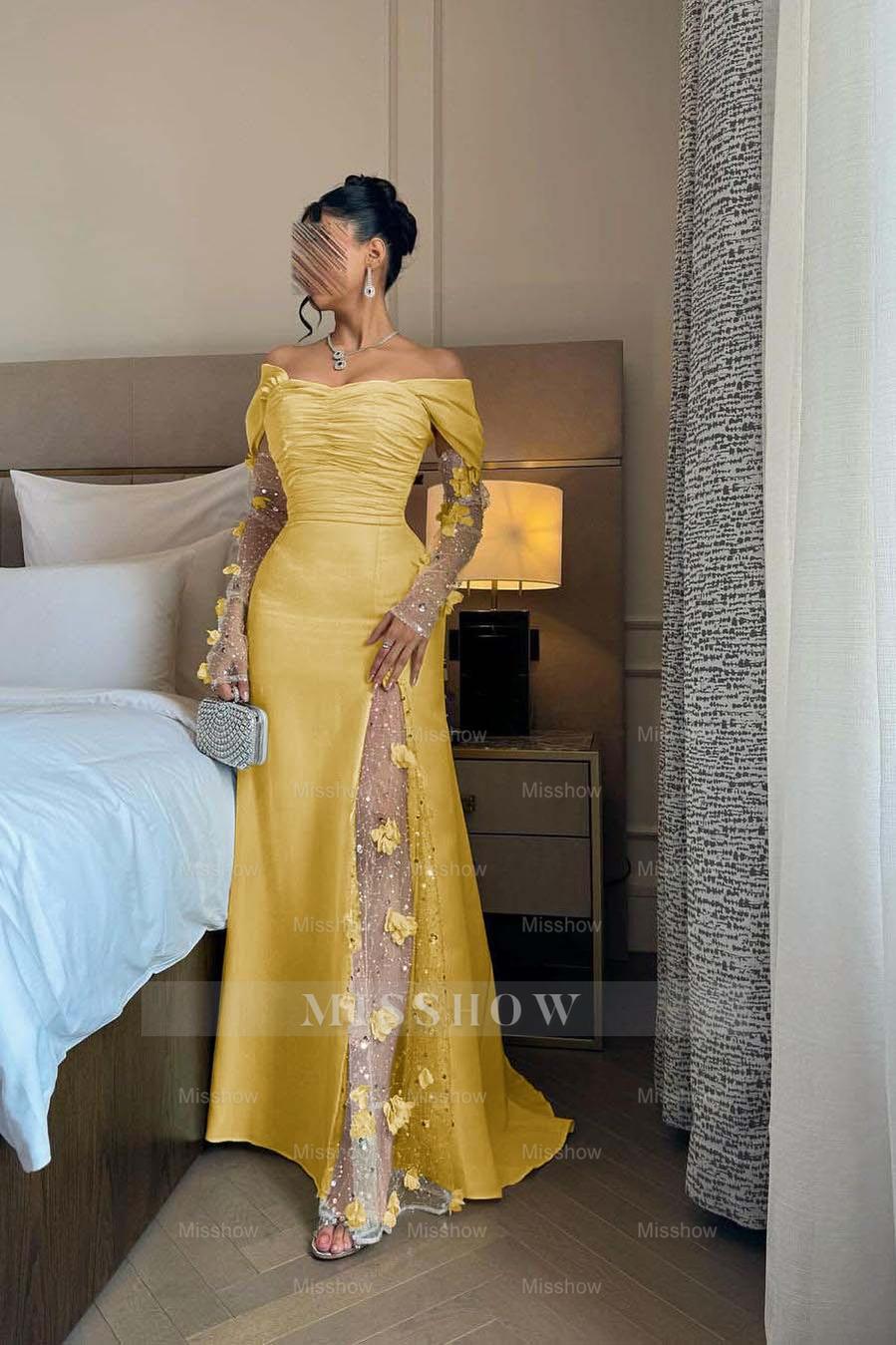 Off the Shoulder Long Sleeves Long Formal Dress With Split Appliques