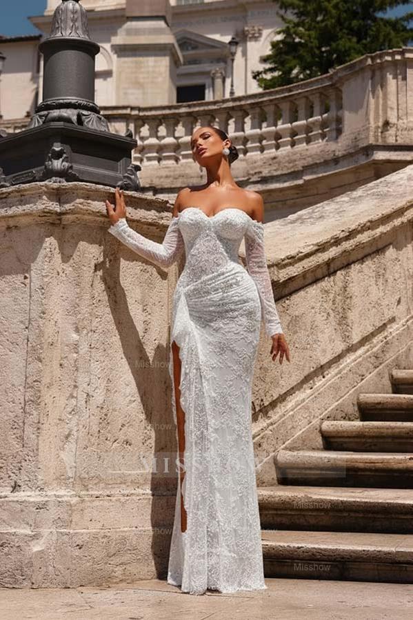 Off the Shoulder Long Sleeves Long Mermaid Formal Dress With Lace Appliques