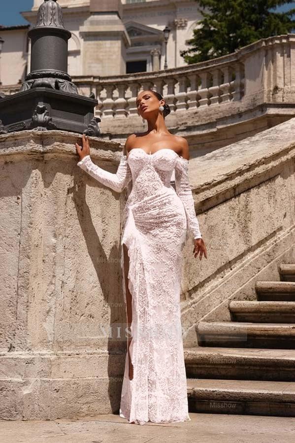Off the Shoulder Long Sleeves Long Mermaid Formal Dress With Lace Appliques