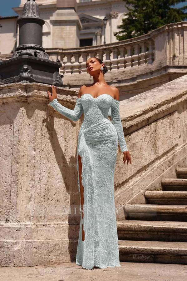 Off the Shoulder Long Sleeves Long Mermaid Formal Dress With Lace Appliques