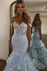 Off-the-Shoulder Mermaid Prom Dress in Light Blue with Tiered Tulle and Sequins