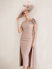 Off-the-Shoulder Pleated Tea-Length Mother of the Bride Dresses with 3D Flower in Sheath/Column Style